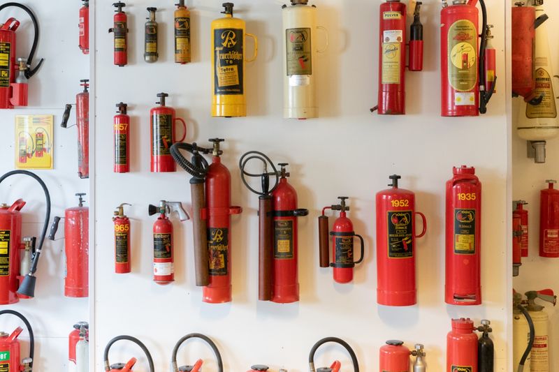 Unterschiedliche Feuerloescher platziert an einer Wand